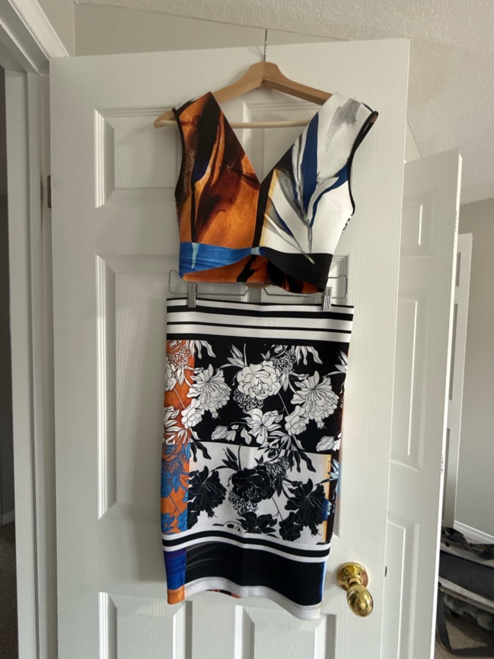 Clover Canyon Two Piece Top and Skirt Floral in White, Black & Orange